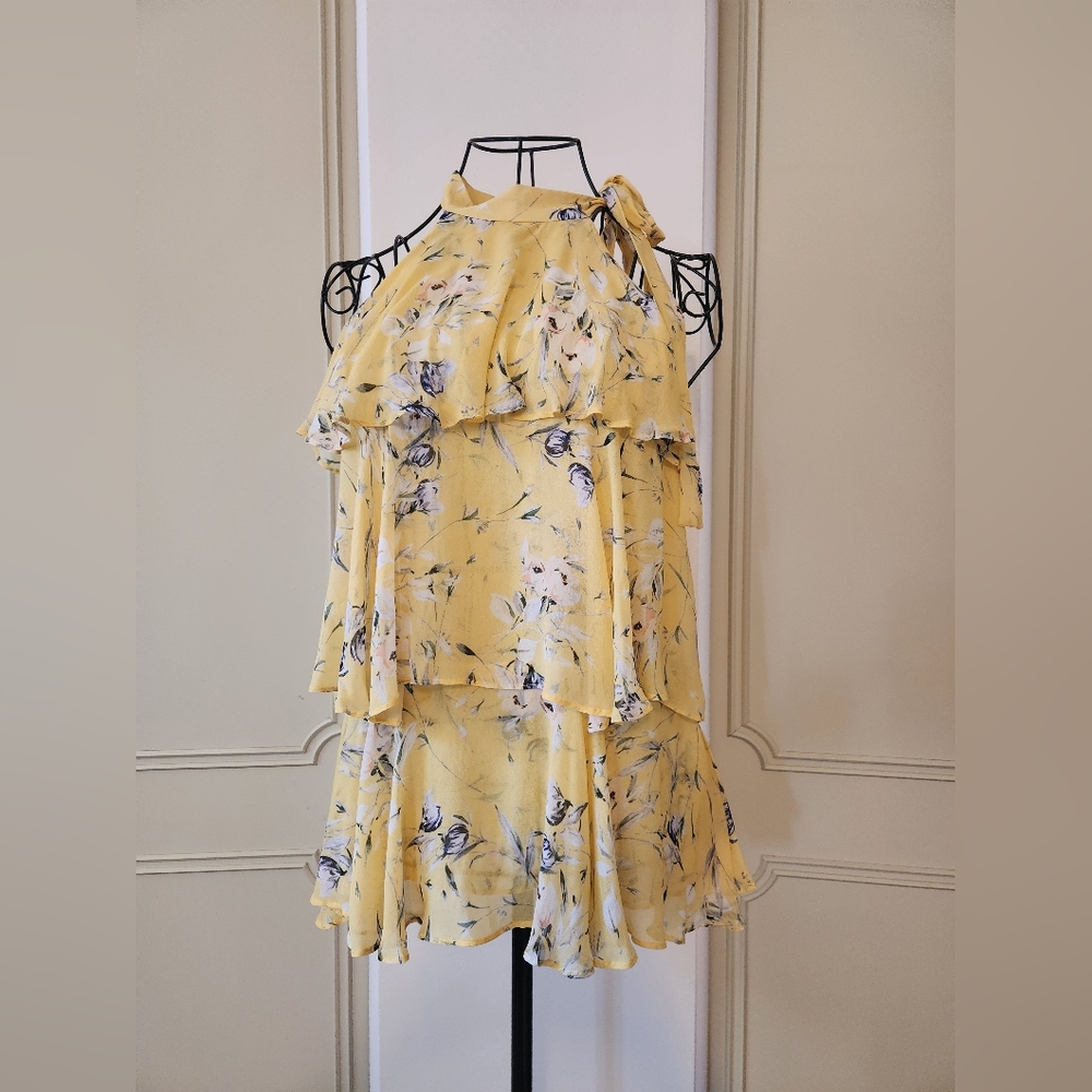 Monique Lhuillier Silk Yellow Ruffle Tiered Halter Top Size Medium